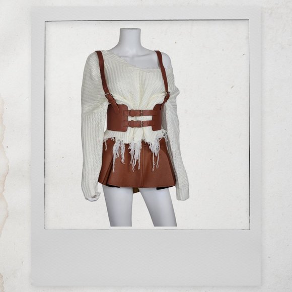 Leather Vintage Style Suspender Belt, Distressed Sweater, and Peplum Skirt - Picture 4 of 7